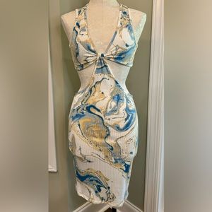 Mini Cutout Bodycon Dress | Swirling Abstract Colors | Size Small | Never Worn